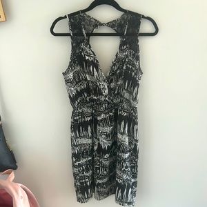 Black/white printed deep plunge lace + fabric dress with cinch waist, open back